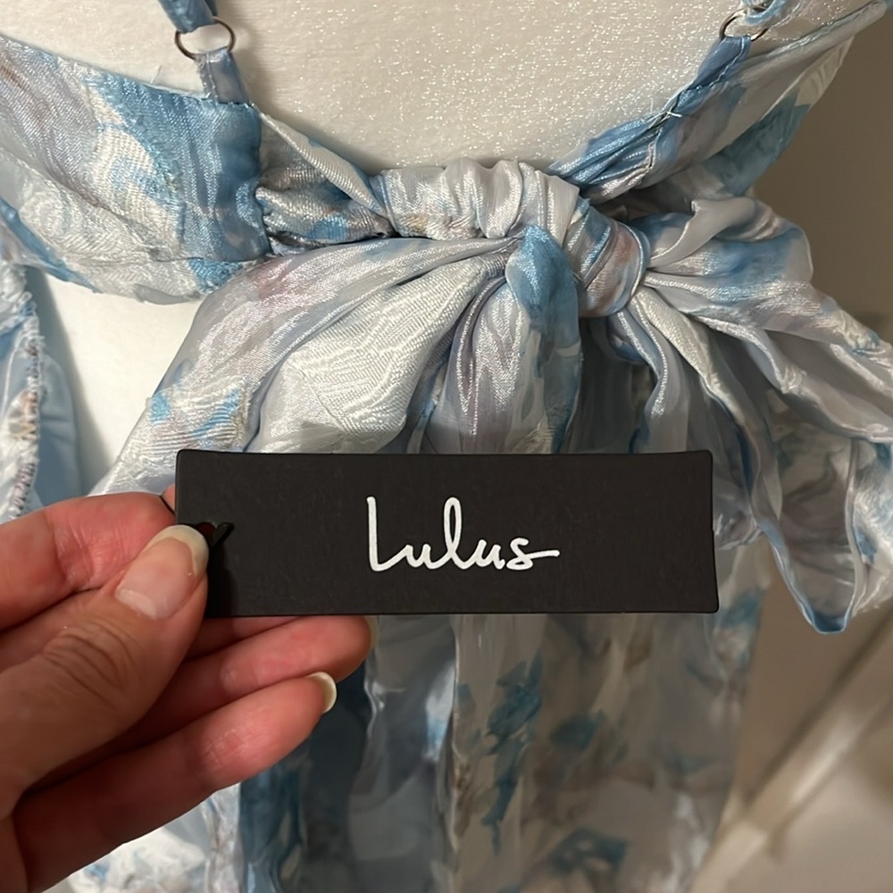 Lulus Delicate Charm Floral Jacquard Organza Dress. Silver and blue. Size L. NWT - Picture 5 of 11